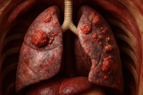 AI-generated render Lung cancer tumors in lungs, medical anatomical 3D illustration

