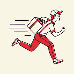 Running delivery person with red and white uniform and backpack