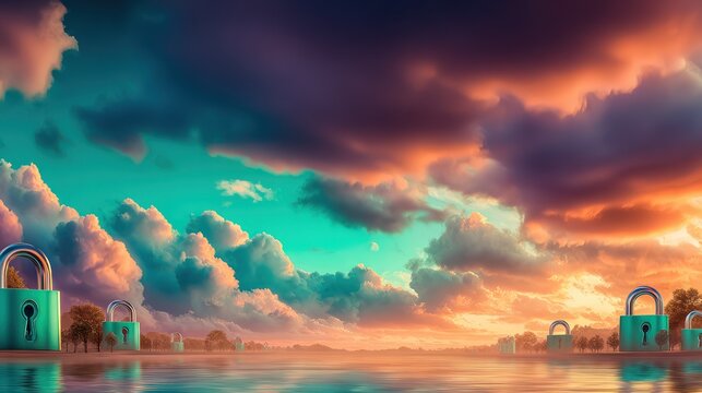 Exploring cloud computing security network solutions amidst serene waters and vibrant skies