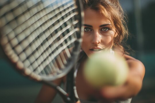 A woman playing tennis. She is close to the camera. You can see her face and her hands with a racket. She hits the ball.