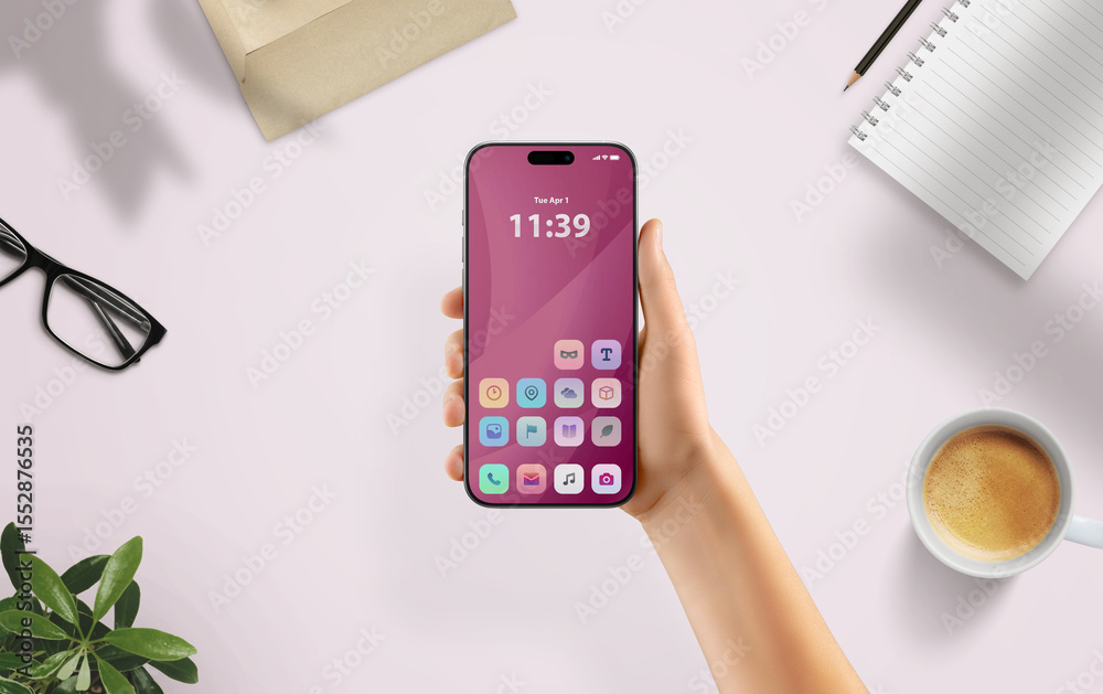 Aufkleber Pastel mobile UI in cozy desk environment promotes personal productivity and intuitive smartphone app usage