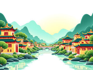 Chinese style ancient building building traditional national style ancient building national tide illustration background