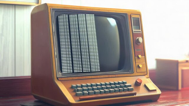 A vintage computer sits on a wooden table