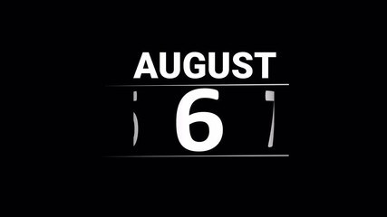 August month Calendar animation video with transparent background. scrolling numbers animated through days by days of the entire month. Calendar animation of august month, New year calendar video.