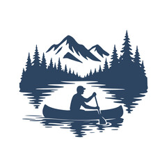 Silhouette of a man canoeing on a lake with pine trees and mountain landscape . outdoor adventure, nature, travel, and wilderness concept.