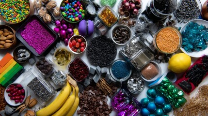 Top view of assorted foods and snacks on colorful display for market culinary editorial photography visuals