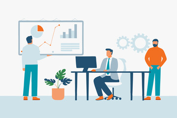 Flat vector illustration design group business people team meeting talking brainstorming for Business marketing planning concept. Businessman sitting at desk working with laptop