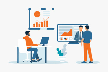 Flat vector illustration design group business people team meeting talking brainstorming for Business marketing planning concept. Businessman sitting at desk working with laptop