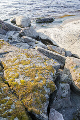 Large weathered stones and boulders covered in yellow-green moss rest along the edge of a calm...