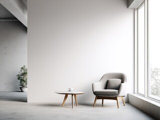 Minimalist interior grey armchair, round side table, white wall, concrete floor, large window, small plant
