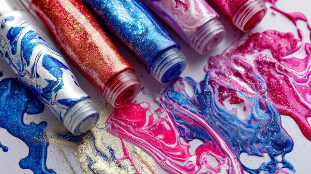 Bright swirling marbled paint textures rolled up in tubes for art design abstract creativity photography visuals
