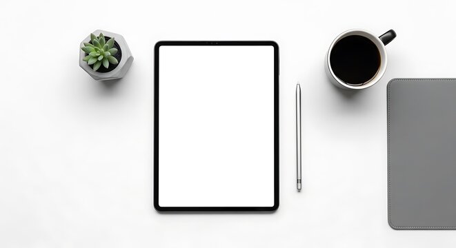 Clean Minimalist Workspace Mockup Tablet, Coffee, and Plant