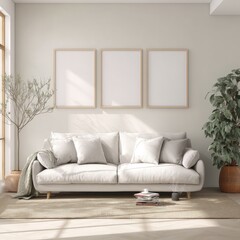 Fototapeta premium Minimalist living room with a white sofa, three unframed prints, and a potted plant, bathed in sunlight