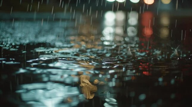Rain falls into a puddle, creating ripples that distort the blurred reflection of city lights. A moody, cinematic loop capturing the serene atmosphere of a rainy urban night