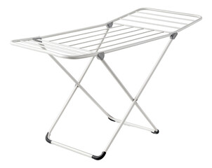 A collapsible laundry drying rack, ideal for air-drying clothes in a basement laundry room.