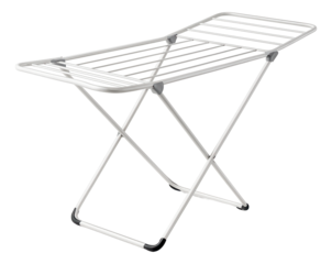 A collapsible laundry drying rack, ideal for air-drying clothes in a basement laundry room.