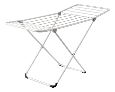 A collapsible laundry drying rack, ideal for air-drying clothes in a basement laundry room.