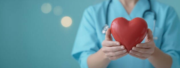 Healthcare professional in blue scrubs holding a red heart model, symbolizing heart health and medical care.