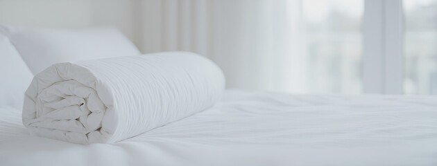 Freshly rolled white duvet on a pristine bed with clean white sheets and blurred window background, comfort and hygiene.