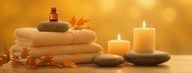 Cozy spa setting with stacked beige towels, essential oil bottle, smooth massage stones, and lit candles, adorned with autumn leaves for relaxation.