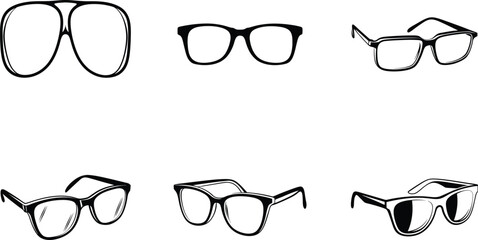 Six styles of black framed eyeglasses on white background