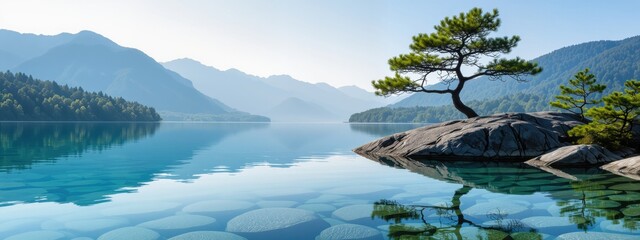 A serene panoramic view of a clear turquoise lake with a solitary pine tree on a rocky island and majestic mountains in the background, symbolizing tranquility and natural beauty.
