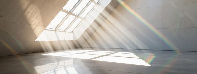 Sunlight streaming through a modern skylight into an empty room with a rainbow prism effect, creating bright geometric patterns on the floor, hope and new beginnings.