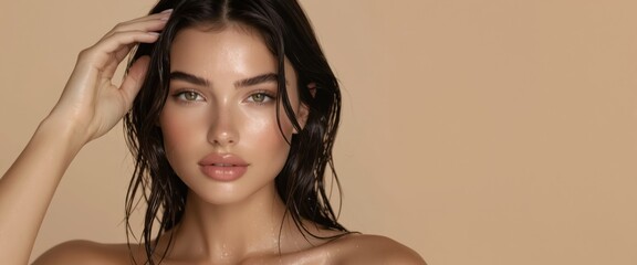 Close-up portrait of a beautiful young adult woman with wet dark hair and glowing healthy skin, natural beauty and skincare concept.