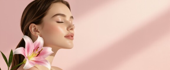 Profile of a serene young adult woman with closed eyes and a pink lily flower, symbolizing natural beauty and wellness.