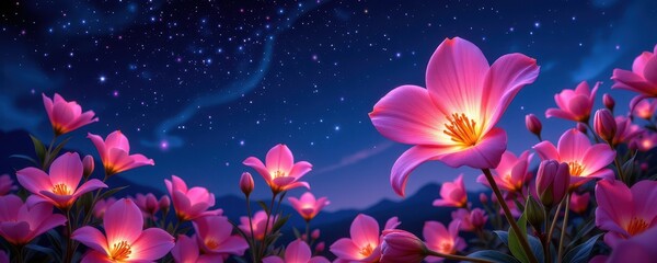 surreal digital art of glowing night blooming cereus and tuberose flowers floating under a starry night sky.