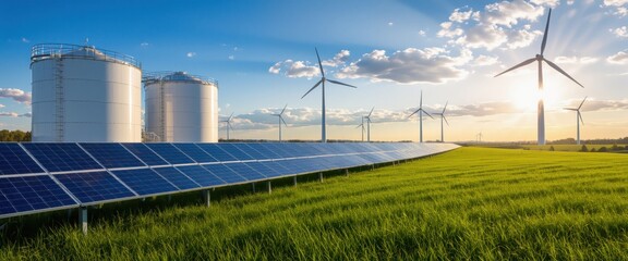 Solar panels and wind turbines in a green field with storage tanks under a bright blue sky and sun flare, symbolizing clean renewable energy and sustainable power.