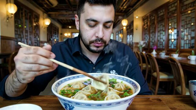 Man eating dumplings in a Chinese restaurant Man enjoying Chinese soup dumplings