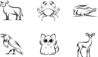 Six stylized black and white animal illustrations bull