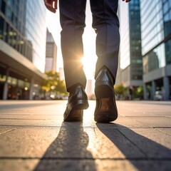 Low-angle shot of a person’s legs walking in black leather dress shoes on a city sidewalk, surrounded by tall office buildings, morning light casting long shadows, urban business vibe, ultra-detailed