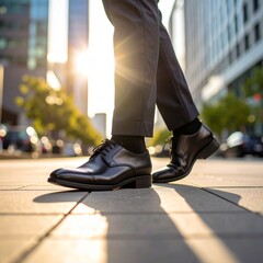 Low-angle shot of a person’s legs walking in black leather dress shoes on a city sidewalk, surrounded by tall office buildings, morning light casting long shadows, urban business vibe, ultra-detailed