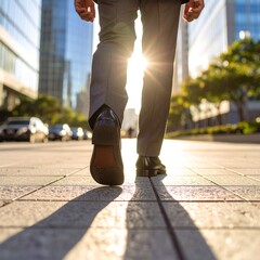 Low-angle shot of a person’s legs walking in black leather dress shoes on a city sidewalk, surrounded by tall office buildings, morning light casting long shadows, urban business vibe, ultra-detailed