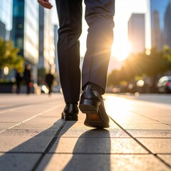 Low-angle shot of a person’s legs walking in black leather dress shoes on a city sidewalk, surrounded by tall office buildings, morning light casting long shadows, urban business vibe, ultra-detailed