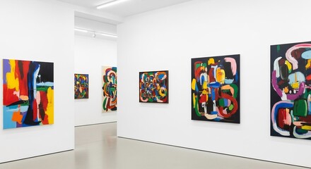 Modern Art Gallery Interior with Colorful Abstract Paintings