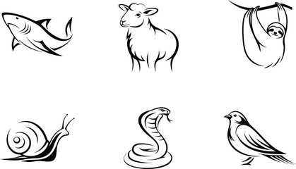 Six stylized black and white animal illustrations shark