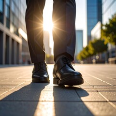 Low-angle shot of a person’s legs walking in black leather dress shoes on a city sidewalk, surrounded by tall office buildings, morning light casting long shadows, urban business vibe, ultra-detailed