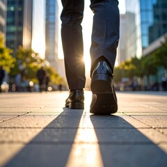 Low-angle shot of a person’s legs walking in black leather dress shoes on a city sidewalk, surrounded by tall office buildings, morning light casting long shadows, urban business vibe, ultra-detailed