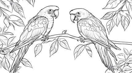 Obraz premium Parrots on Branch, Botanical Illustration