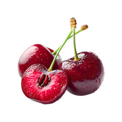 Fresh Red Cherry with Stem, Leaf, and Water Drops Isolated on Transparent Background.