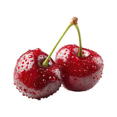 Fresh Red Cherry with Stem, Leaf, and Water Drops Isolated on Transparent Background.
