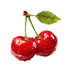 Fresh Red Cherry with Stem, Leaf, and Water Drops Isolated on Transparent Background.