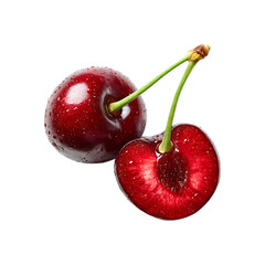 Fresh Red Cherry with Stem, Leaf, and Water Drops Isolated on Transparent Background.