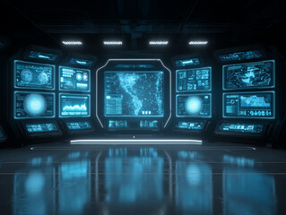 Futuristic cybersecurity control room with holographic data interfaces
