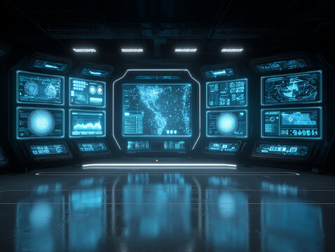 Futuristic cybersecurity control room with holographic data interfaces