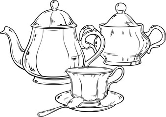 Sugar Bowl, Teapot and Cup of Tea Outline Illustration