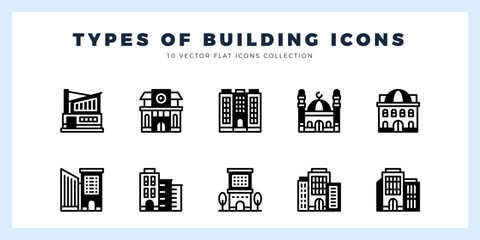 10 Types Of Building Lineal Fill icons pack. vector illustration.